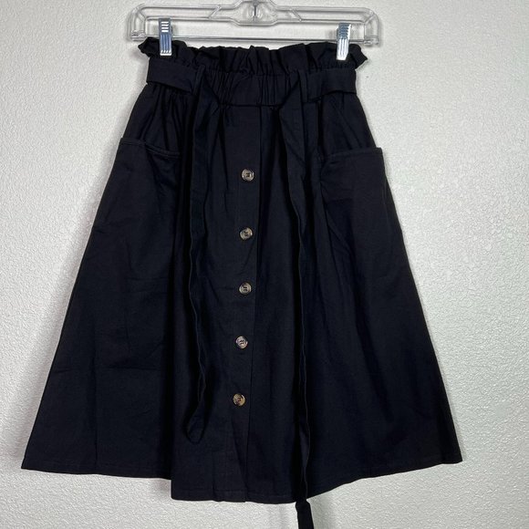Black A-Line Skirt Size Small Button Front With Pockets - Picture 1 of 6